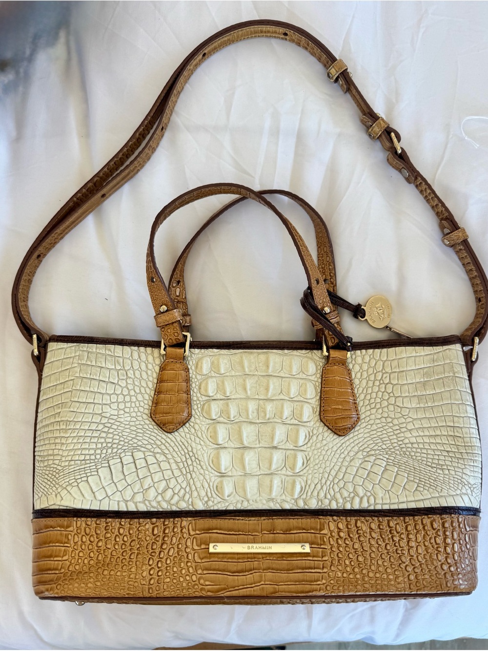 Brahmin Tan and Cream Croc-Embossed Leather Tote